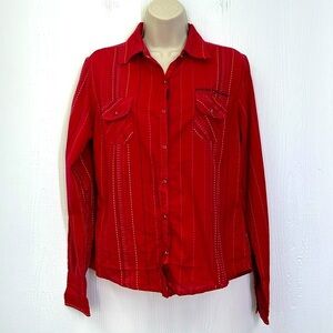 Harley Davidson - Cowboy Western Striped Red Button Snap Long Sleeve Blouse Med